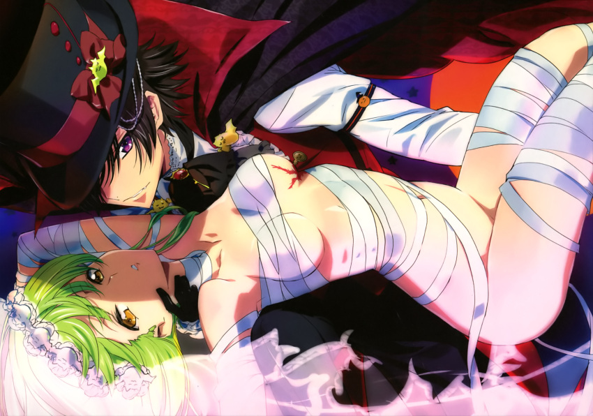 1boy 1girl bandage black_hair black_hat bow breasts bridal_veil brown_eyes c.c. code_geass fang green_hair groin halloween_costume hat hat_bow hat_ribbon highres lelouch_lamperouge long_hair looking_at_viewer medium_breasts naked_ribbon navel parted_lips red_bow red_ribbon ribbon shiny shiny_skin under_boob veil violet_eyes