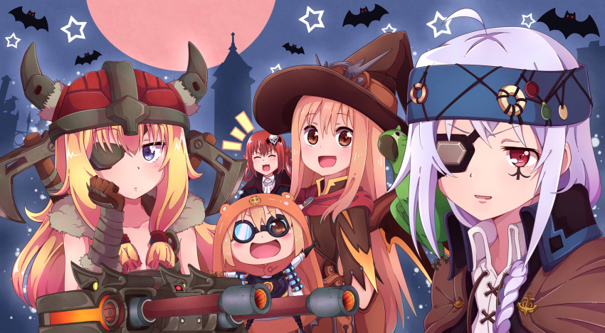 5girls absurdres blonde_hair blue_eyes blush closed_eyes closed_mouth collarbone doma_umaru eyebrows_visible_through_hair eyepatch facing_viewer gabriel_dropout highres himouto!_umaru-chan isla_(plastic_memories) komaru kukie-nyan kurumizawa_satanichia_mcdowell long_hair looking_at_viewer multiple_girls open_mouth overwatch plastic_memories red_eyes redhead short_hair smile tenma_gabriel_white white_hair