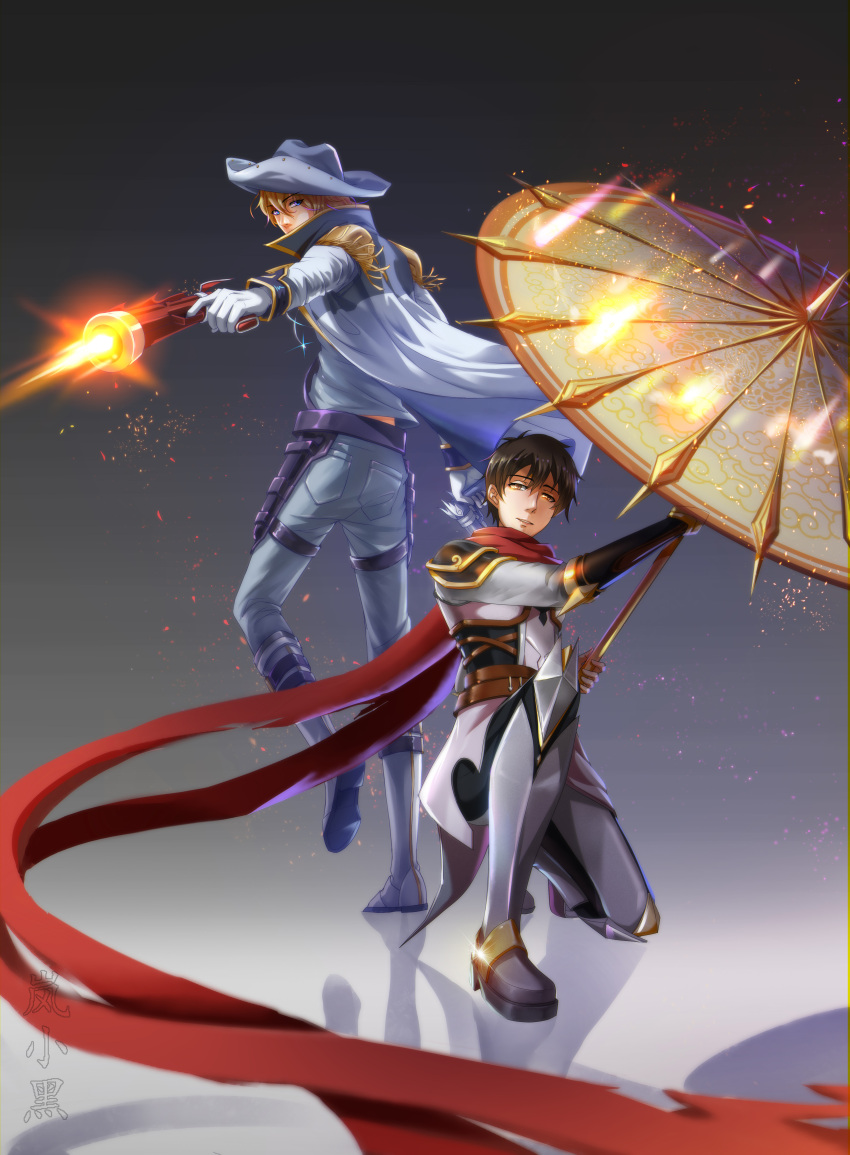 2boys absurdres armor black_hair blonde_hair blue_cape blue_eyes cape gloves grey_background gun highres holster kneeling lanxiaohei looking_at_viewer lord_grim male_focus multiple_boys pocket quan_zhi_gao_shou red_scarf scarf standing umbrella weapon white_gloves