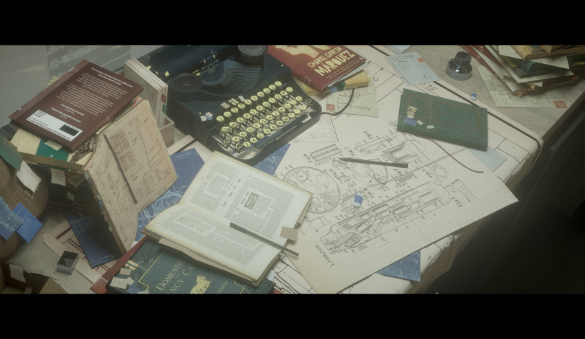 blueprint book book_stack desk diagram highres ink_bottle letterboxed no_humans novelance original pen typewriter