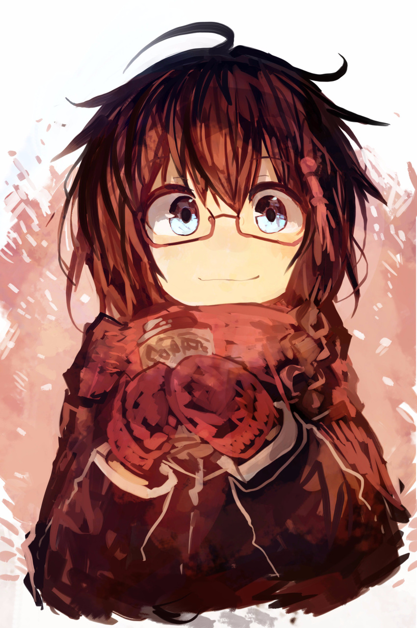 1girl absurdres ahoge bangs bespectacled black_hair blue_eyes braid brown_background can cropped_torso glasses hair_ornament highres holding holding_can jacket kaamin_(mariarose753) kantai_collection light_smile looking_at_viewer mittens scarf semi-rimless_eyewear shigure_(kantai_collection) single_braid solo white_background