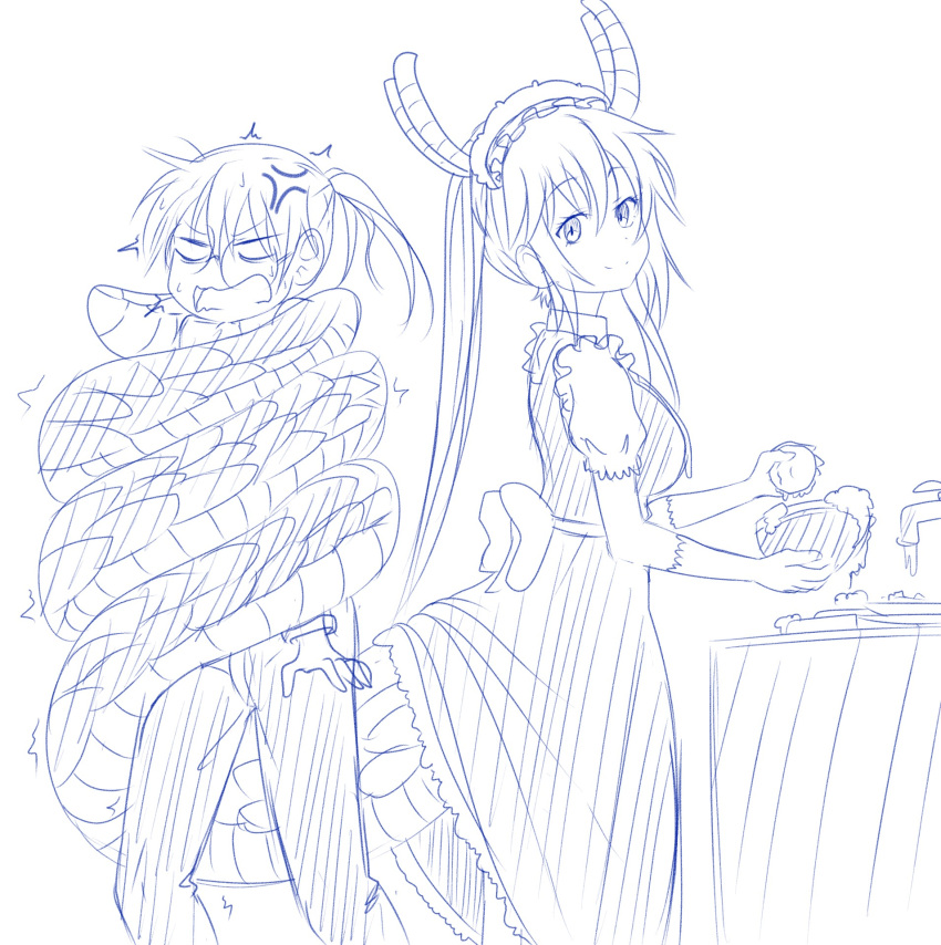 2girls anger_vein blue dragon_tail drawfag gloves highres kobayashi-san_chi_no_maidragon kobayashi_(maidragon) long_hair monochrome multiple_girls ponytail sketch standing tail tail_wrap tooru_(maidragon) washing_dishes yuri