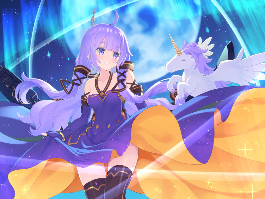 1girl :d ahoge aurora azur_lane black_legwear commentary_request cosplay detached_sleeves dress dress_lift fingerless_gloves gloves kaina_(tsubasakuronikuru) long_hair low_twintails night night_sky open_mouth pegasus purple_dress purple_hair sky smile solo sparkle star_(sky) starry_sky thigh-highs twintails unicorn unicorn_(azur_lane) violet_eyes vocaloid vocanese xingchen xingchen_(cosplay) zettai_ryouiki