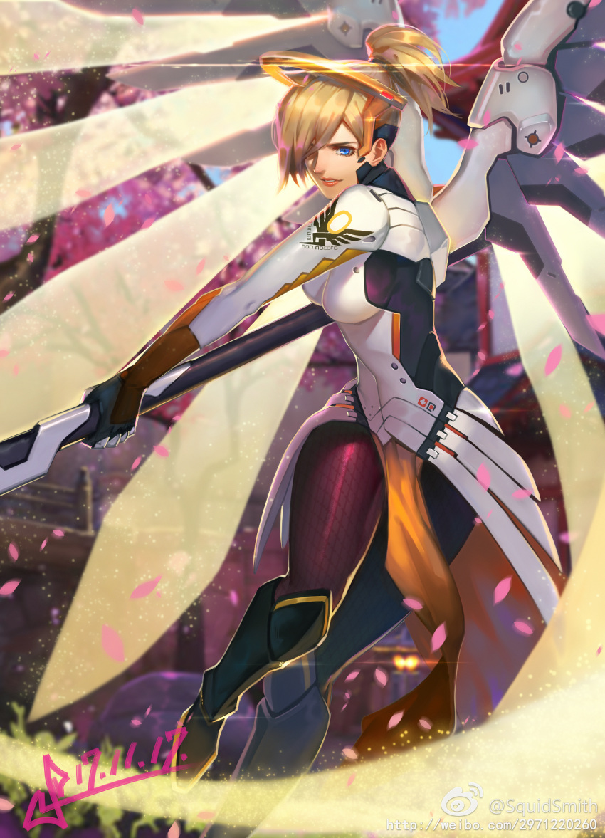 1girl absurdres artist_name blonde_hair blue_eyes blue_sky blurry blurry_background bodysuit breasts brown_legwear building cherry_blossoms cowboy_shot dated day emblem energy_beam faulds glowing glowing_wings greaves hair_over_one_eye high_ponytail highres holding holding_staff looking_at_viewer mechanical_wings medium_breasts mercy_(overwatch) nose outdoors overwatch pantyhose parted_lips patch pelvic_curtain petals pink_lips serious short_hair signature sky solo squidsmith staff swinging swiss_flag tree twitter_username wings yellow_wings