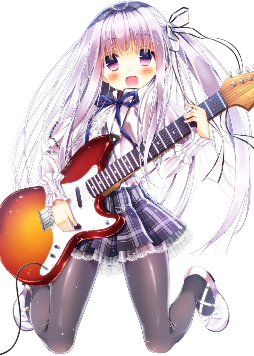 1girl :d bangs black_legwear black_skirt blue_ribbon blush bow center_frills collared_shirt commentary_request dosu_(yodosu) eyebrows_visible_through_hair frilled_sleeves frills full_body gotou_jun guitar hair_between_eyes hair_bow hair_ribbon head_tilt highres holding holding_instrument instrument kneeling long_sleeves looking_at_viewer one_side_up open_mouth pantyhose pink_eyes plaid plaid_skirt pleated_skirt ribbon shirt silver_hair simple_background skirt smile solo tenshi_no_3p! white_background white_bow white_footwear white_ribbon white_shirt