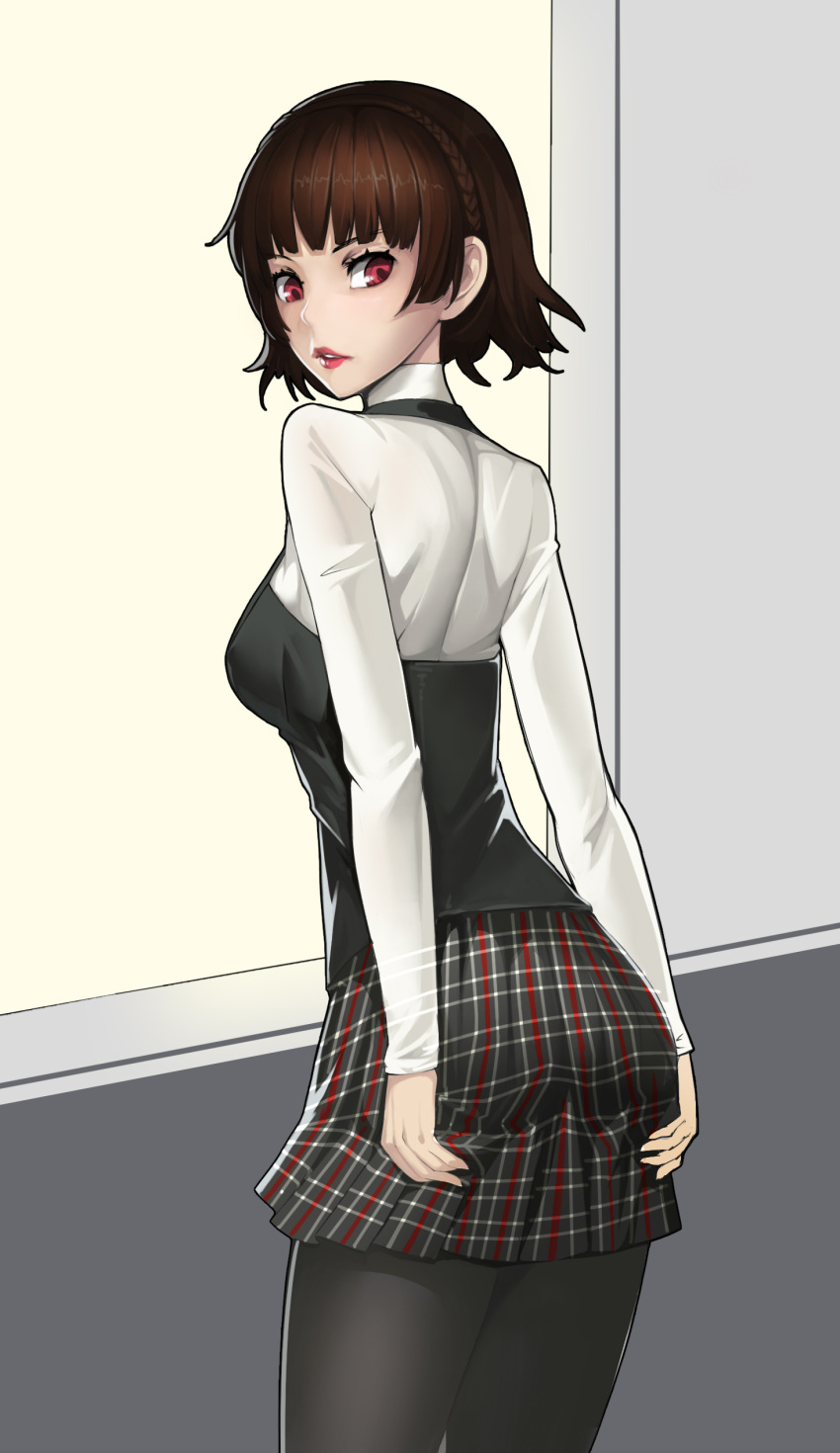 1girl absurdres ass bangs black_legwear braid brown_hair crown_braid from_behind halterneck highres looking_back miniskirt nanami_(relivemm5000) niijima_makoto pantyhose parted_lips persona persona_5 plaid plaid_skirt pleated_skirt red_eyes red_lips shirt skirt skirt_tug solo turtleneck white_shirt