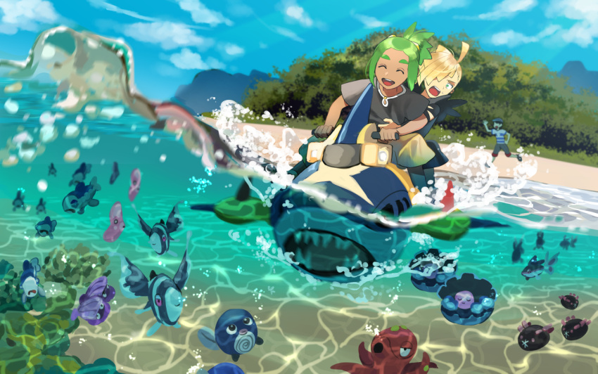 3boys black_hair blonde_hair clamperl closed_eyes dark_skin dark_skinned_male gladio_(pokemon) green_hair hat hau_(pokemon) luvdisc multiple_boys ocean octillery open_mouth pokemon pokemon_(creature) pokemon_(game) pokemon_sm poliwag pyukumuku shellder shirt short_hair shorts sitting smile t-shirt wadani_hitonori wishiwashi you_(pokemon_sm)