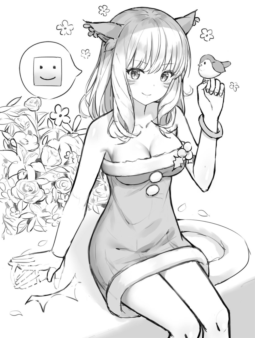 1girl 5ya animal_ears bangs bare_shoulders bird bird_on_hand bracelet breasts cat_ears cleavage closed_mouth copyright_request emoticon eyebrows_visible_through_hair facial_mark fingernails flower greyscale highres jewelry legs_together long_hair looking_at_viewer medium_breasts monochrome patting rose santa_costume sitting sketch smile solo