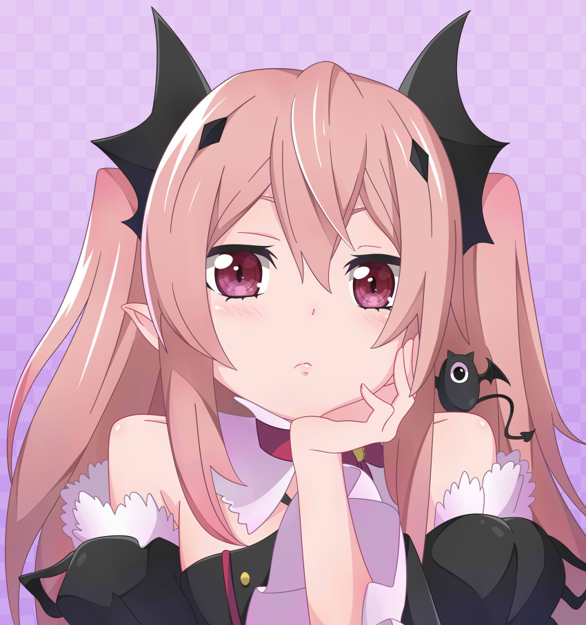 1girl absurdres bare_shoulders blush brown_eyes closed_mouth collarbone eyebrows head_in_hand highres krul_tepes kukie-nyan long_hair owari_no_seraph pointy_ears solo twintails upper_body vampire