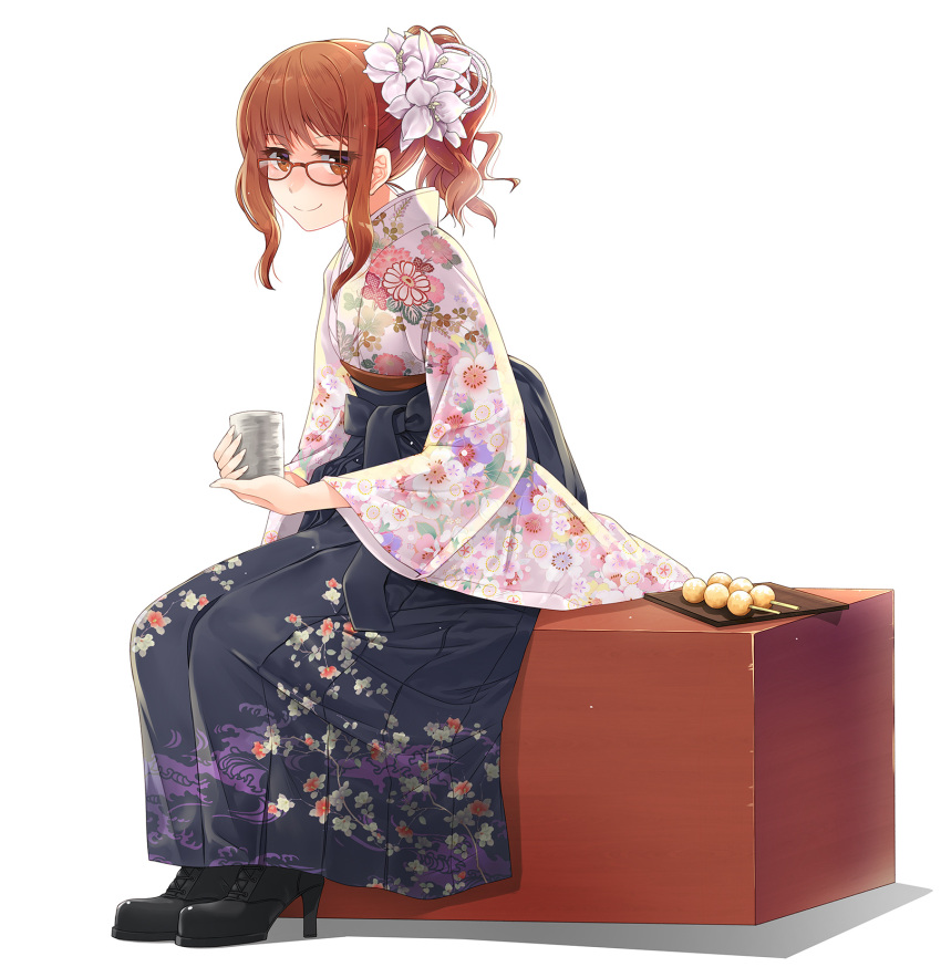 1girl black_legwear block boots brown_eyes brown_hair commentary cross-laced_footwear cup curly_hair dango eyebrows_visible_through_hair floral_print flower food from_side full_body glasses hair_flower hair_ornament hakama high_heels highres holding holding_cup hunched_over japanese_clothes jitome kanzashi kazu kikuko_(kazu) kimono lace-up_boots light_blush looking_at_viewer obi original pleated ponytail red-framed_eyewear sash sidelocks simple_background sitting smile solo tray wagashi white_background wide_sleeves