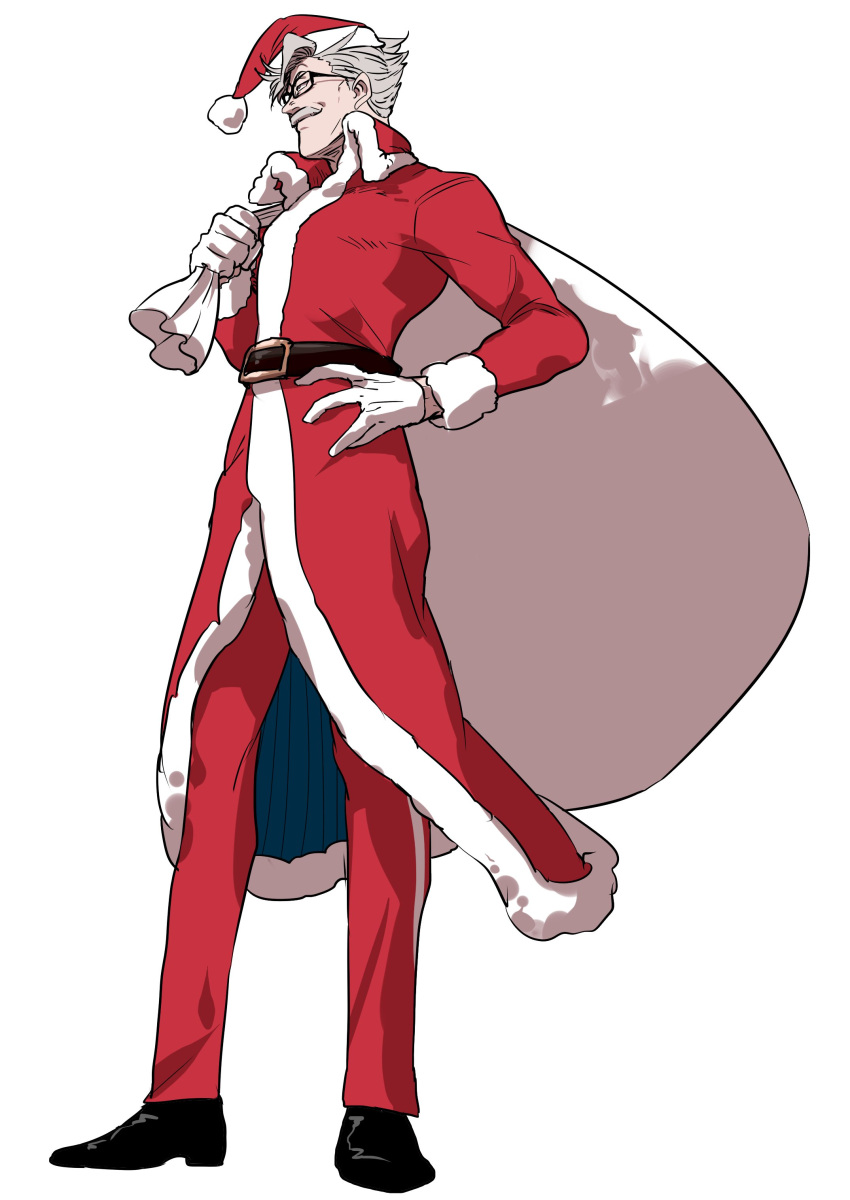 1boy absurdres carrying_over_shoulder facial_hair fate/grand_order fate_(series) full_body fur_trim glasses hand_on_hip hat highres james_moriarty_(fate/grand_order) male_focus mustache nippar sack santa_costume santa_hat simple_background smile solo white_background