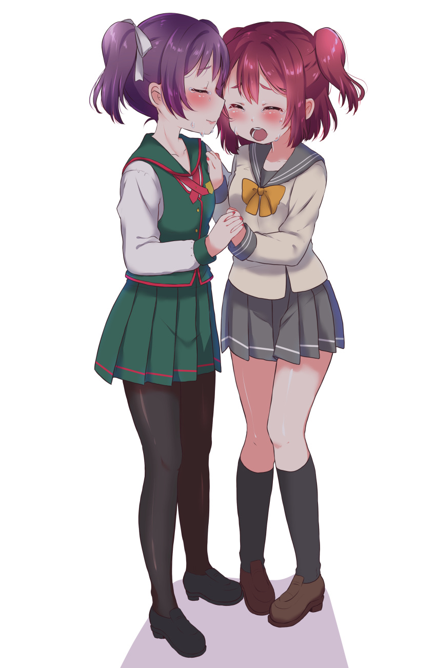 2girls absurdres bangs black_footwear black_legwear blush bow bowtie brown_footwear clenched_hands closed_eyes commentary_request crying full_body green_skirt hair_ribbon hand_holding hand_on_another's_chest highres kazuno_leah kneehighs kurosawa_ruby loafers long_sleeves love_live! love_live!_sunshine!! multiple_girls nail_polish open_mouth pantyhose pigeon-toed pleated_skirt purple_hair red_nails redhead ribbon rinne_(mizunosato) sad_smile school_uniform serafuku shoes simple_background skirt spoilers standing tears twintails two_side_up white_background white_ribbon yellow_neckwear
