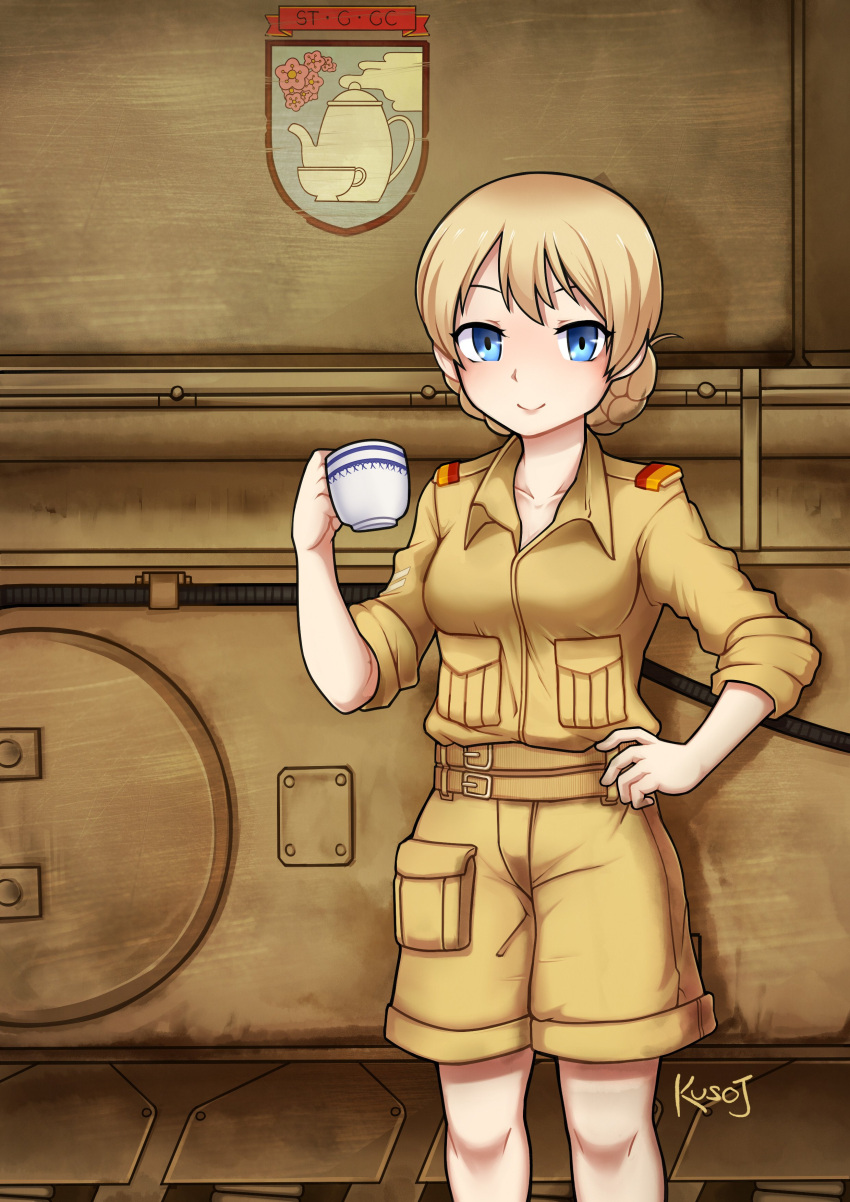 1girl absurdres artist_name bangs bare_legs belt blonde_hair blue_eyes braid cup darjeeling desert_pattern emblem eyebrows flower girls_und_panzer ground_vehicle highres holding holding_cup jacy machinery military military_vehicle motor_vehicle shorts sleeves_folded_up smile solo tank teacup teapot tied_hair twin_braids uniform upper_body