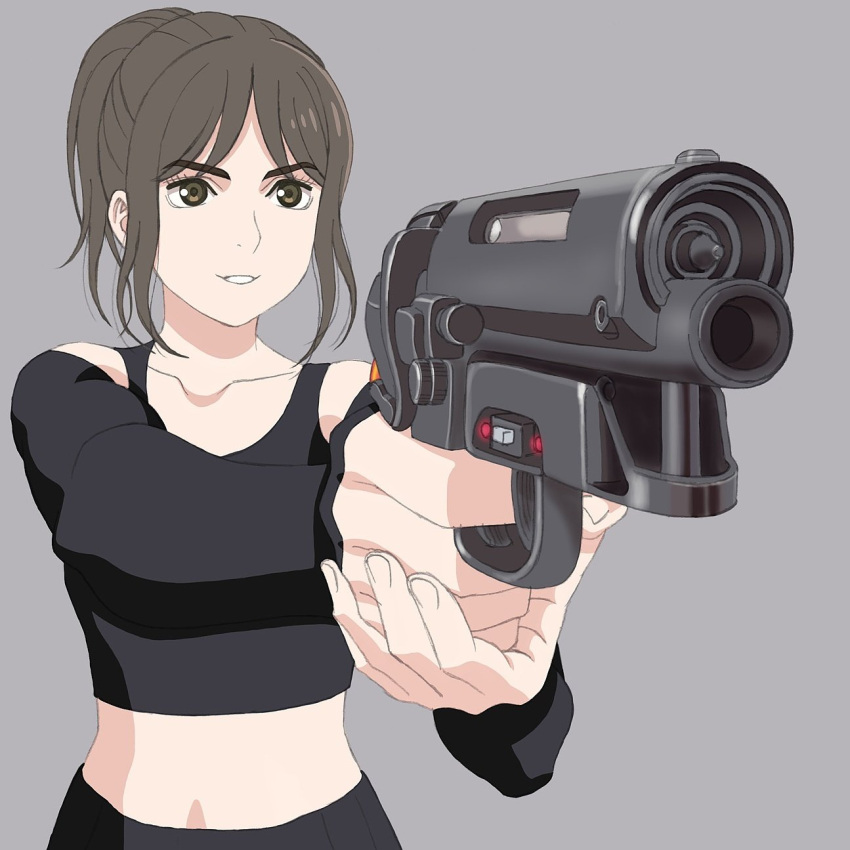 1girl aiming blade_runner blade_runner_2049 brown_eyes brown_hair commentary_request cyberpunk graphite_(medium) gun handgun highres joi pkd_blaster science_fiction solo traditional_media weapon