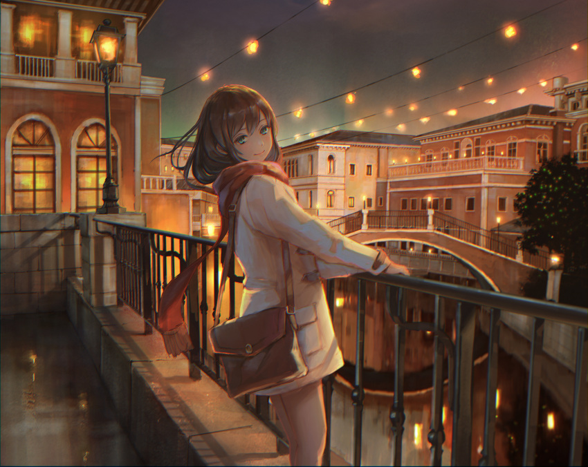 1girl bag balcony blue_eyes bridge brown_hair chromatic_aberration city city_lights closed_mouth enpera feet_out_of_frame from_side green_eyes highres jacket lamppost light long_hair long_sleeves looking_at_viewer looking_to_the_side night original outdoors power_lines red_scarf reflection scarf sho_(shoichi-kokubun) shoulder_bag smile solo standing tree white_jacket window