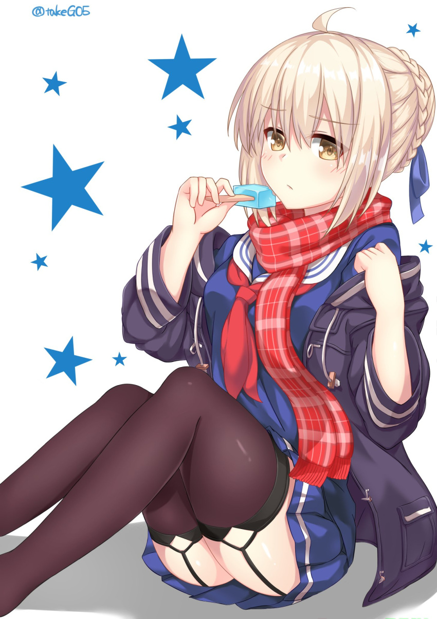 1girl ahoge artoria_pendragon_(all) black_legwear coat commentary_request fate/grand_order fate_(series) food garter_straps highres holding looking_at_viewer mysterious_heroine_x_(alter) pleated_skirt popsicle scarf school_uniform serafuku silver_hair simple_background sitting skirt solo star starry_background takeg05 thigh-highs twitter_username white_background winter_clothes winter_coat yellow_eyes