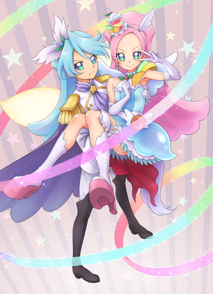 1boy 1girl black_footwear blue_dress blue_eyes blue_hair boots brother_and_sister cape carrying chocokin cravat cure_parfait dress earrings elbow_gloves epaulettes food_themed_hair_ornament full_body gloves hair_ornament highres jewelry julio_(precure) kirahoshi_ciel kirakira_precure_a_la_mode knee_boots long_hair looking_at_viewer magical_girl pants pink_hair precure princess_carry purple_background purple_cape rainbow ribbon siblings smile striped striped_background white_footwear white_gloves white_pants white_wings wings