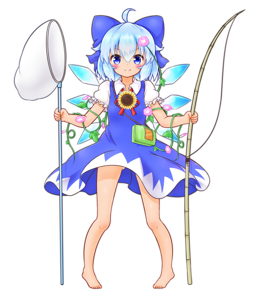 &gt;:) 1girl absurdres ahoge barefoot blue_bow blue_dress blue_eyes blue_hair blush bow butterfly_net cirno dress fishing_rod flower frilled_sleeves frills full_body hair_between_eyes hair_bow hair_flower hair_ornament hand_net hidden_star_in_four_seasons highres ice_wing looking_at_viewer mofu_mofu morning_glory neck_ribbon puffy_short_sleeves puffy_sleeves red_ribbon ribbon short_hair short_sleeves solo sparkling_eyes sunflower tanned_cirno touhou white_background