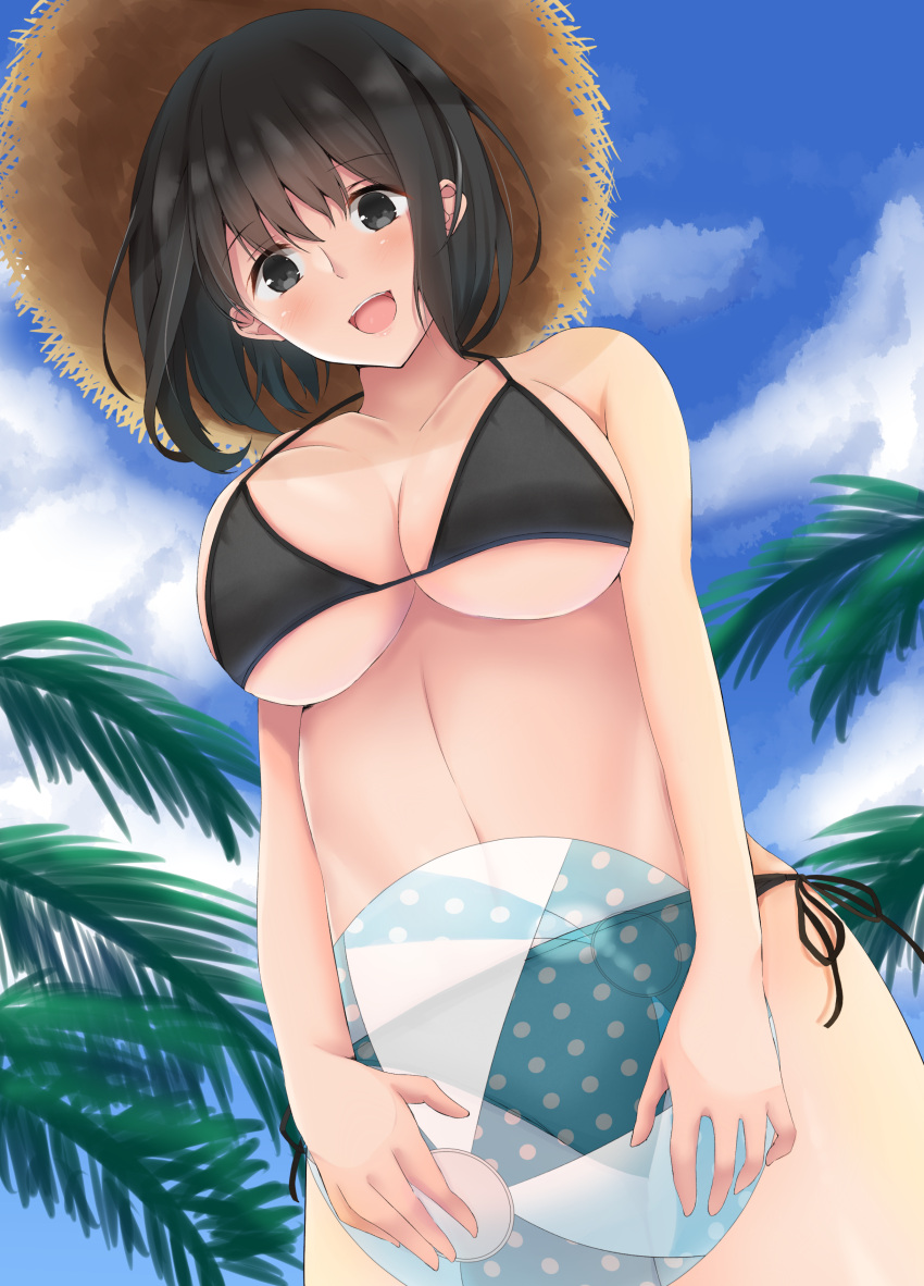 1girl :d absurdres alternate_costume ball beach beachball bikini black_bikini black_eyes black_hair breasts cowboy_shot from_below haguro_(kantai_collection) hat highres holding holding_ball kantai_collection large_breasts looking_at_viewer navel open_mouth palm_tree short_hair smile solo straw_hat swimsuit tree yoshiwoka