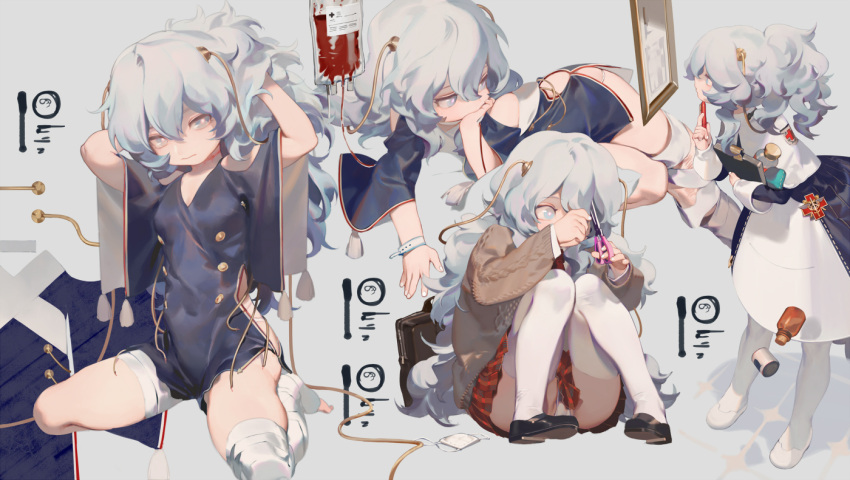 1girl alternate_costume bag bandage blue_eyes cutting_hair girls_frontline nurse rei_(sanbonzakura) ribeyrolles_1918_(girls_frontline) school_uniform scissors tagme white_hair