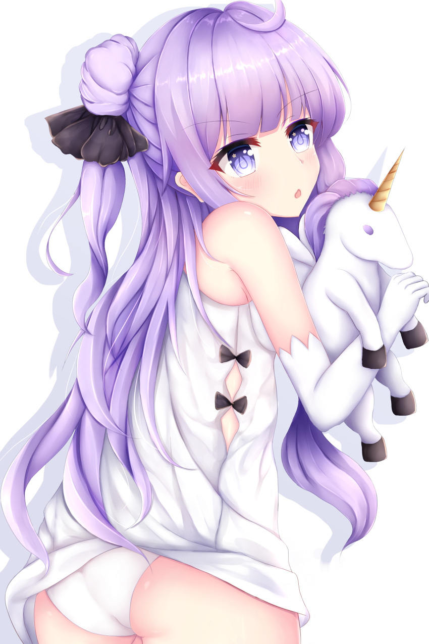 1girl absurdres ahoge ass azur_lane commentary_request doll_hug dress elbow_gloves endsmall_min from_side gloves hair_bun hair_ribbon highres long_hair looking_at_viewer panties purple_hair ribbon side_bun simple_background solo stuffed_animal stuffed_pegasus stuffed_toy stuffed_unicorn underwear unicorn_(azur_lane) violet_eyes white_background white_dress white_gloves white_panties