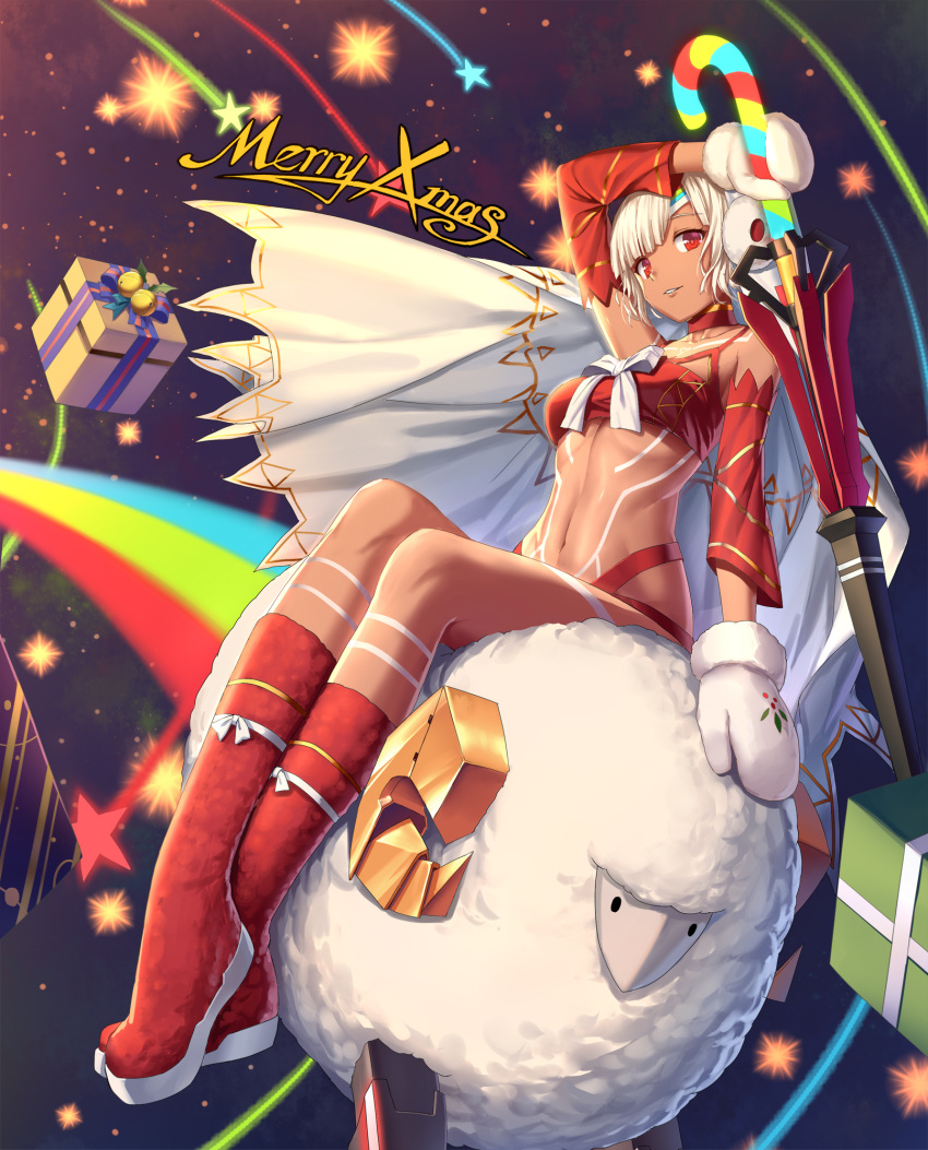1girl altera_(fate) altera_the_santa animal arm_up bangs bare_shoulders bell boots box bra breasts candy candy_cane christmas circlet collarbone commentary dark_skin detached_sleeves drogoth earmuffs eyebrows_visible_through_hair fate/grand_order fate_(series) food from_below full_body full_body_tattoo gift gift_box highres holding jingle_bell knee_boots looking_at_viewer merry_christmas mittens navel night night_sky on_animal parted_bangs purple_ribbon red_bra red_choker red_eyes red_footwear ribbon riding sheep shooting_star short_hair sitting sky small_breasts smile sparkle star star_(sky) starry_sky stomach striped striped_ribbon tattoo underwear veil white_hair white_mittens white_ribbon wind