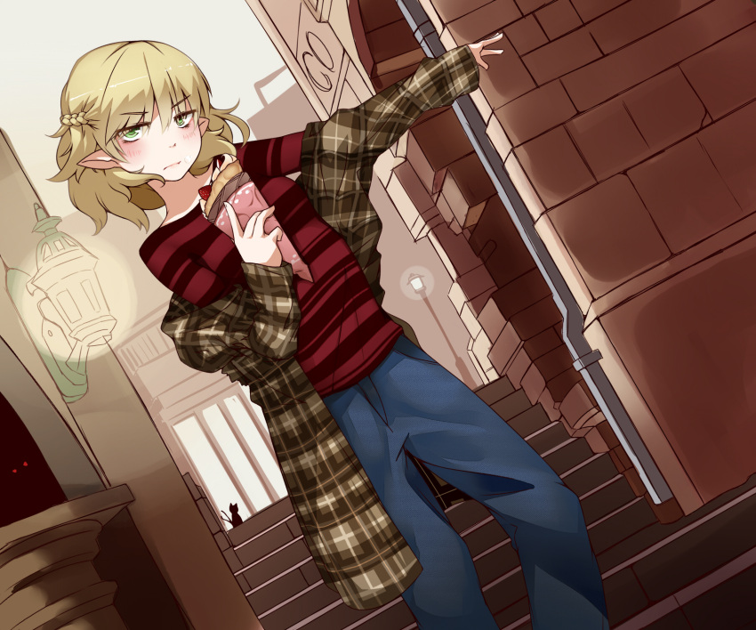 1girl blonde_hair blue_pants casual commentary_request contemporary crepe food green_eyes highres holding holding_food looking_at_viewer mizuhashi_parsee off_shoulder pants plaid_jacket pointy_ears red_shirt shirt solo striped striped_shirt touhou winu_(hertrion)