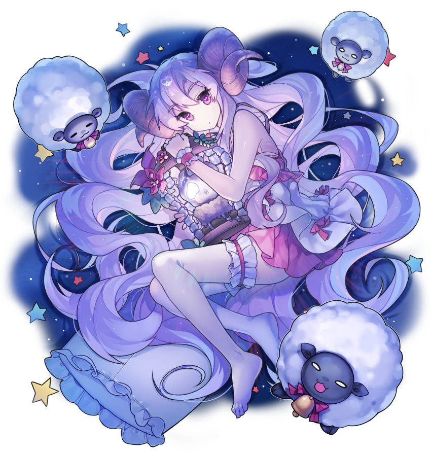 1girl :3 =_= absurdres babydoll bare_legs barefoot bell bell_collar bone bow candle collar curled_up curly_hair flower frilled_cuffs frilled_pillow frills from_side garter_straps highres holding_lantern horns huge_filesize knees_up lantern leaf long_hair looking_at_viewer original pillow purple_hair raised_eyebrows samnim sheep_horns skull skull-shaped_pupils solo star very_long_hair violet_eyes wax white_skin wide_oval_eyes wrist_cuffs