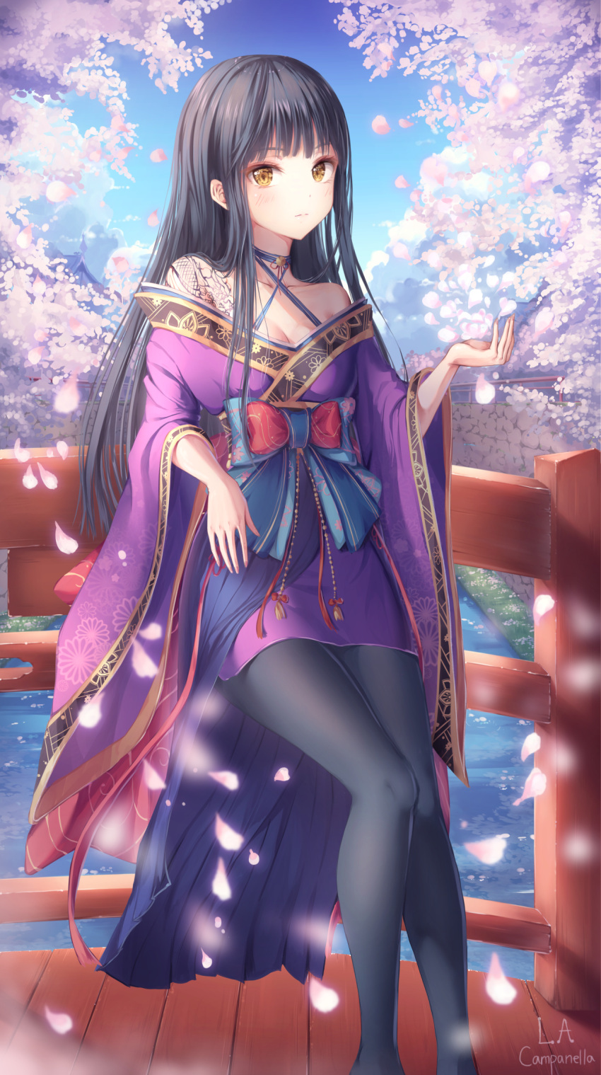 1girl artist_name bangs bare_shoulders black_hair black_legwear bow breasts bridge cherry_blossoms cleavage closed_mouth day feet_out_of_frame hand_up highres japanese_clothes kimono la_campanella long_hair looking_at_viewer original pantyhose petals purple_kimono river solo wide_sleeves yellow_eyes