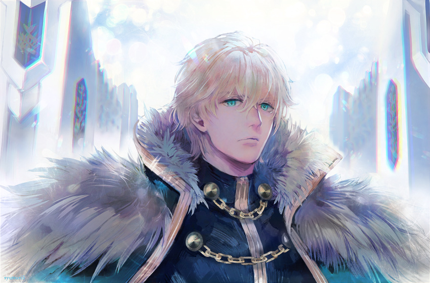 1boy aqua_eyes armor blonde_hair breastplate cape closed_mouth eyebrows_visible_through_hair fate/grand_order fate/prototype fate_(series) fur_collar fur_trim hair_between_eyes looking_at_viewer male_focus outdoors saber_(fate/prototype) shutsuri solo upper_body