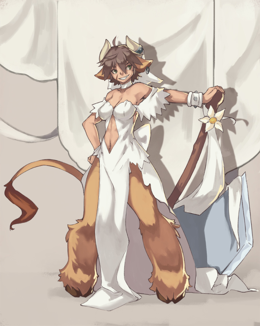 1girl animal_ears bangs bare_shoulders breasts brown_hair choker commentary commission cow_ears cow_horns cow_tail dress earrings full_body fur green_eyes grin hair_between_eyes hand_on_hilt hand_on_hip highres hooves horn_ornament horns huge_weapon jewelry legs_apart looking_to_the_side medium_breasts minotaurus_(monster_girl_encyclopedia) monster_girl monster_girl_encyclopedia navel navel_cutout scar scar_on_cheek short_hair short_sleeves smile solo standing tail vins-mousseux weapon wedding_dress white_choker white_dress wristband