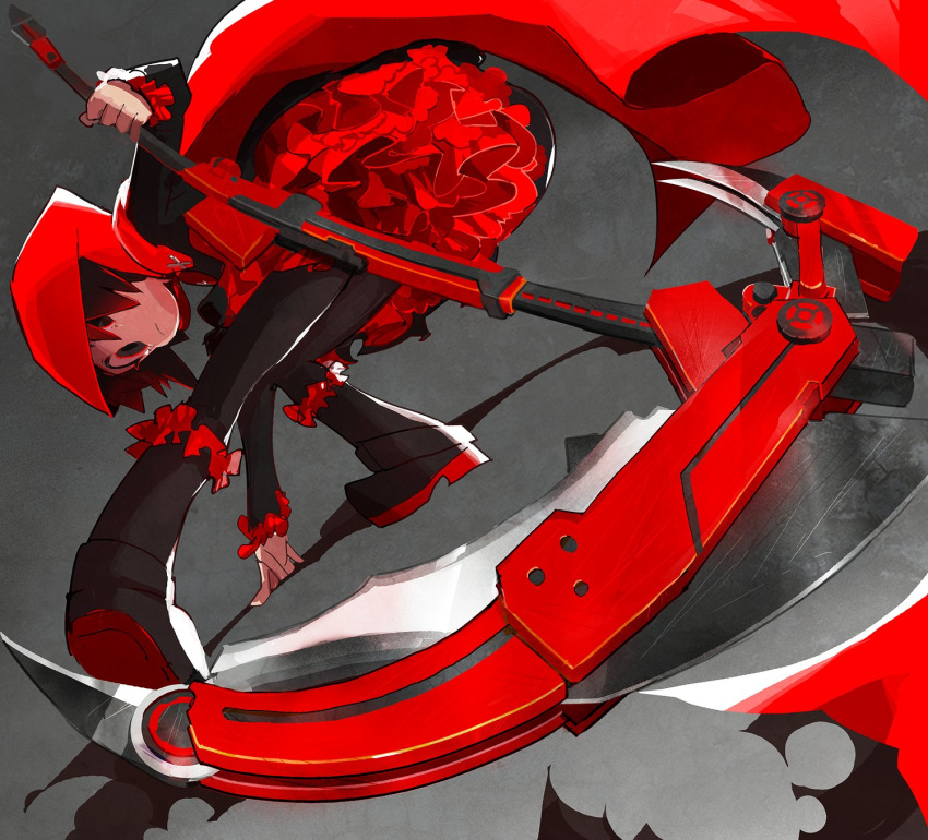 1girl bent_over black_eyes black_hair black_legwear boots cape dress frilled_dress frilled_skirt frilled_sleeves frills fukuda_(okometani) full_body highres long_sleeves looking_at_viewer looking_back pantyhose red_cape red_hood ruby_rose rwby scythe short_hair skirt solo