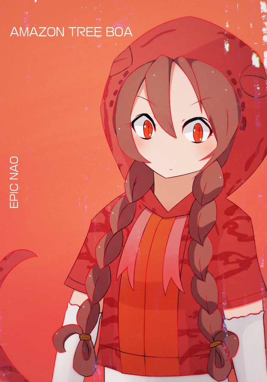 1girl amazon_tree_boa_(kemono_friends) artist_name braid character_name epic_nao highres hood kemono_friends long_hair orange_background red_eyes simple_background slit_pupils snake_tail solo tail twin_braids upper_body