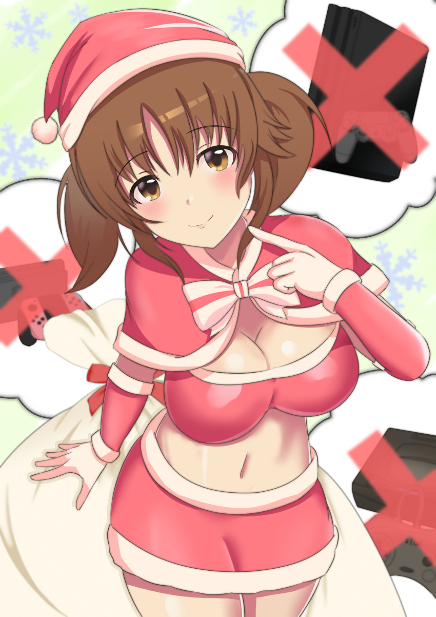 blush breasts brown_eyes brown_hair capelet cleavage commentary_request crossed_out fur_trim game_console hair_ornament hair_scrunchie hat highres idolmaster idolmaster_cinderella_girls large_breasts navel noizou_(zatuo008) sack santa_costume santa_hat scrunchie skirt smile snowflakes totoki_airi twintails