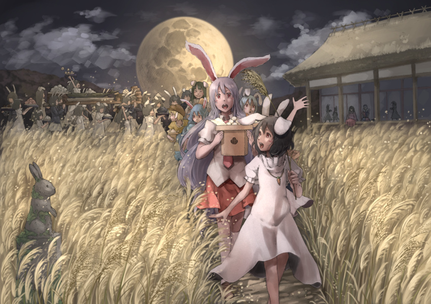 6+girls animal_ears architecture black_hair blonde_hair blue_hair cabbie_hat carrying clouds commentary dark dress east_asian_architecture facial_mark festival field floppy_ears food full_moon happy hat houraisan_kaguya house inaba_tewi jewelry long_hair looking_back moon multiple_girls nagi_(xx001122) necklace night night_sky open_mouth outdoors parade puffy_short_sleeves puffy_sleeves purple_hair rabbit rabbit_ears red_eyes reisen_udongein_inaba ringo_(touhou) scenery seiran_(touhou) short_hair short_sleeves silhouette sitting sky statue thatched_roof touhou walking wheat wheat_field white_dress yagokoro_eirin