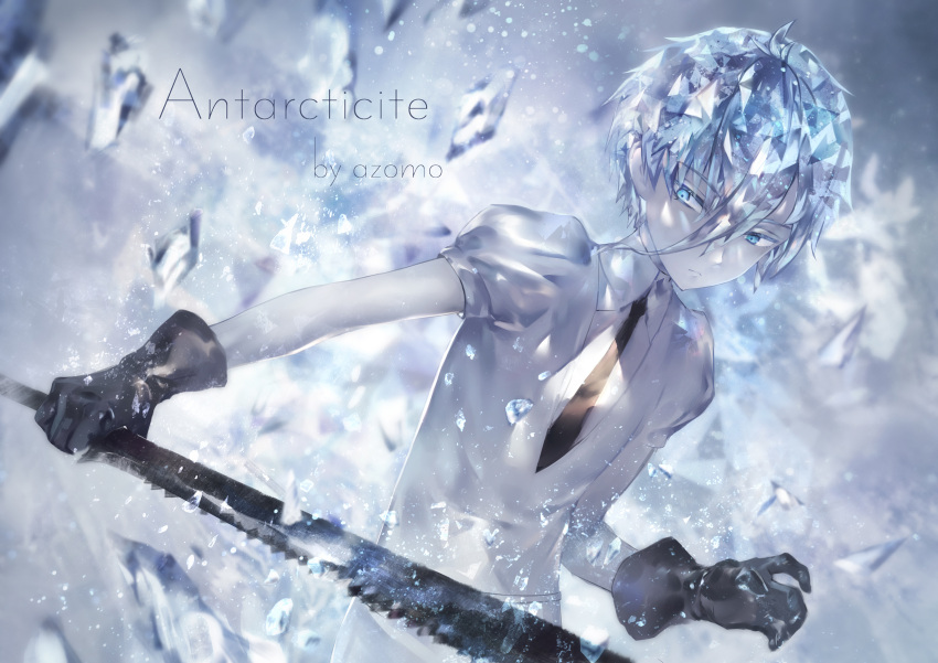 androgynous antarcticite avamone black_gloves black_neckwear blue_eyes blue_hair character_name closed_mouth collared_shirt crystal eyebrows_visible_through_hair gloves grey_shirt hair_between_eyes highres holding holding_weapon houseki_no_kuni necktie puffy_short_sleeves puffy_sleeves shiny shiny_hair shirt short_hair short_sleeves solo standing upper_body weapon