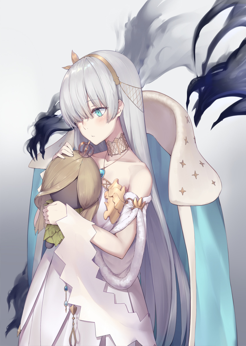 1girl absurdres anastasia_(fate/grand_order) bare_shoulders blue_eyes blush cape choker crown dress fate/grand_order fate_(series) gold hair_over_one_eye hairband highres jewelry long_hair mini_crown necklace smoke very_long_hair virtu.al white_dress white_hair wig yellow_hairband