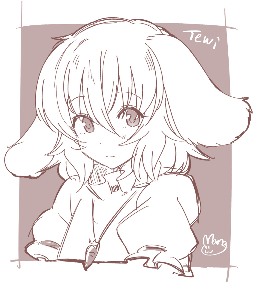 1girl animal_ears bangs blazer character_name commentary_request dress highres inaba_tewi jacket looking_at_viewer mana_(tsurubeji) monochrome necktie rabbit_ears short_hair signature simple_background sketch solo touhou white_background