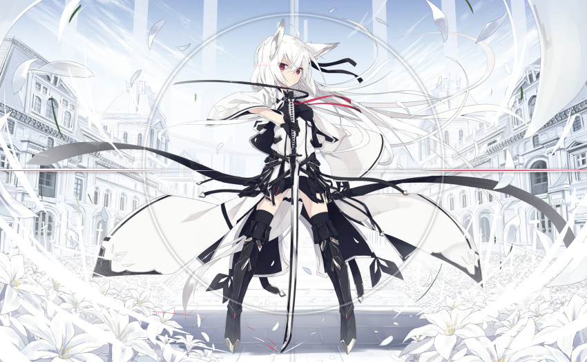 1girl ahoge animal_ears bangs black_gloves boots braid city flower fox_ears fox_girl full_body gloves hair_between_eyes highres holding holding_sword holding_weapon katana long_hair looking_at_viewer monochrome_background nagishiro_mito original outdoors petals red_eyes solo standing sword thigh-highs thigh_boots weapon white_flower white_hair wide_sleeves wind