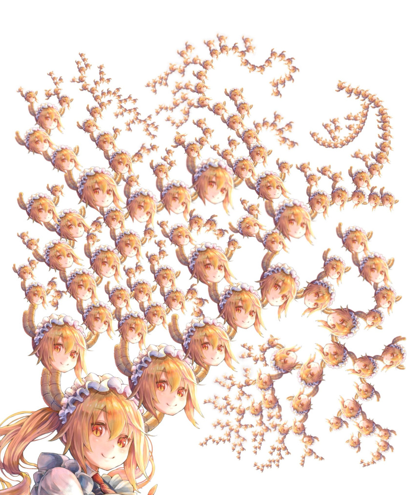 1girl blonde_hair dragon_horns eyebrows_visible_through_hair face fractal hair_between_eyes highres horns hoshizaki_reita kobayashi-san_chi_no_maidragon long_hair looking_at_viewer maid maid_headdress necktie orange_eyes red_neckwear simple_background slit_pupils solo tooru_(maidragon) twintails white_background