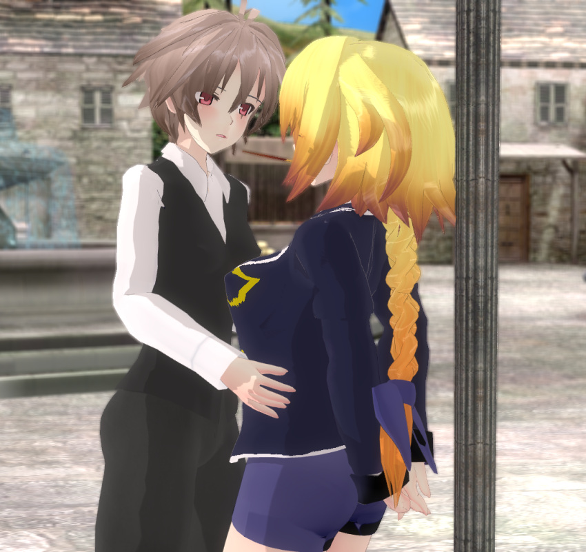 1boy 1girl ahoge arms_behind_back bangs black_pants blonde_hair blush braid breasts commentary couple face-to-face fate/apocrypha fate_(series) food from_side hair_ornament hair_ribbon hands_on_another's_waist hetero hug jacket jeanne_d'arc_(fate) jeanne_d'arc_(fate)_(all) large_breasts long_braid long_hair long_sleeves looking_at_another pants pocky pocky_day pocky_kiss purple_jacket purple_ribbon purple_shorts red_eyes ribbon sansei_gomesu shared_food shirt short_hair short_shorts shorts sieg_(fate/apocrypha) single_braid thighs uniform very_long_hair waistcoat white_shirt