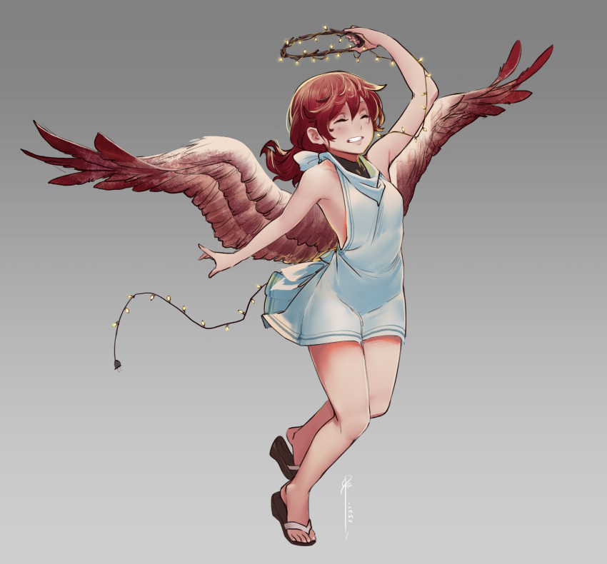 1girl absurdres angel_(monster_girl_encyclopedia) arm_up bare_arms bare_legs bare_shoulders bird_wings brown_hair christmas_lights closed_eyes dress fake_halo feathered_wings full_body grey_background hair_between_eyes highres less long_hair monster_girl_encyclopedia no_socks parted_lips sandals shirt signature sleeveless sleeveless_dress smile solo standing standing_on_one_leg white_shirt wings younger
