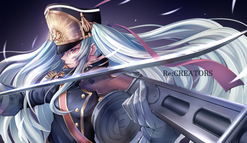 1girl altair_(re:creators) blue_eyes copyright_name epaulettes from_side gloves gun hat highres holding holding_gun holding_sword holding_weapon imo_bouya long_hair military military_uniform multicolored multicolored_eyes ppsh-41 re:creators red_eyes sash shako_cap silver_hair solo submachine_gun sword uniform weapon white_gloves