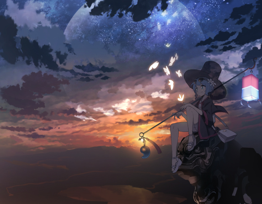 1girl blue_hair closed_mouth clouds cloudy_sky crusaders_quest flower full_moon hair_flower hair_ornament hat highres holding korin_(crusaders_quest) lantern long_sleeves moon no_socks outdoors sandals short_hair sitting sky smile solo star_(sky) starry_moon starry_sky sunset top_hat traditional_clothes whitebear