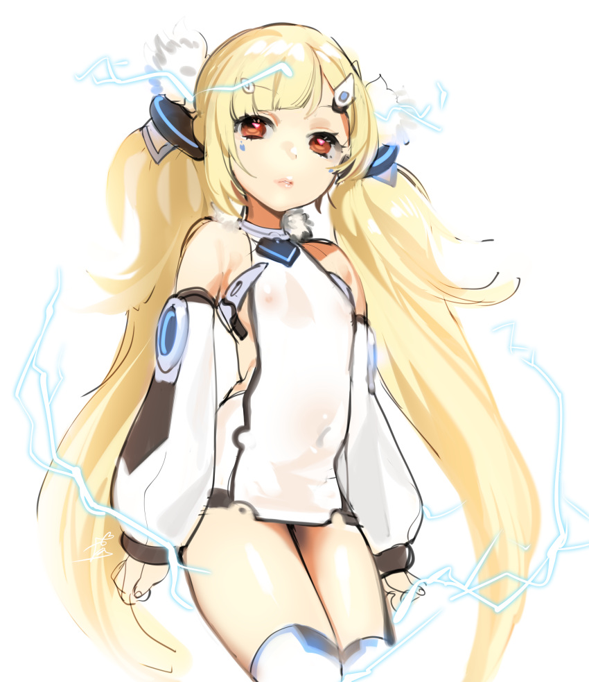 1girl absurdres azur_lane bangs bare_shoulders blonde_hair blunt_bangs covered_navel cowboy_shot eldridge_(azur_lane) electricity flat_chest hair_ornament hairclip highres legs_together long_hair long_sleeves looking_at_viewer ohisashiburi parted_lips pink_lips red_eyes sketch solo thigh-highs twintails very_long_hair vest white_background white_vest