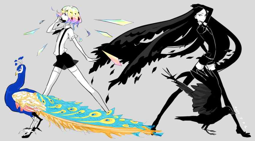 androgynous bird black_gloves black_hair black_legwear black_neckwear bort cojimama crow dated diamond_(houseki_no_kuni) elbow_gloves gloves houseki_no_kuni long_hair multicolored_hair necktie peacock shirt short_hair short_sleeves shorts signature simple_background thigh-highs white_gloves white_legwear white_shirt