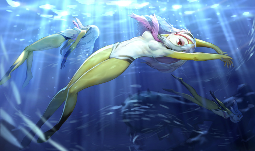 3girls armpits arms_up ass blue_submarine_no_6 breasts fish light_rays long_hair monster_girl multiple_girls mutio navel nude observerz red_eyes silver_hair swimming underwater