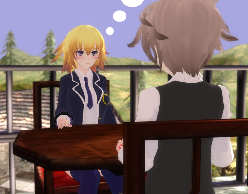 1boy 1girl 3d ahoge back bangs blonde_hair blush blush_stickers braid breasts brown_hair command_spell commentary couple eyebrows_visible_through_hair fate/apocrypha fate_(series) hand_on_table hetero jacket jeanne_d'arc_(fate) jeanne_d'arc_(fate)_(all) large_breasts long_braid long_hair long_sleeves looking_at_another necktie open_clothes open_jacket purple_jacket purple_legwear purple_neckwear sansei_gomesu shirt short_hair sieg_(fate/apocrypha) single_braid sitting table thigh-highs thighs thinking uniform violet_eyes waistcoat white_shirt