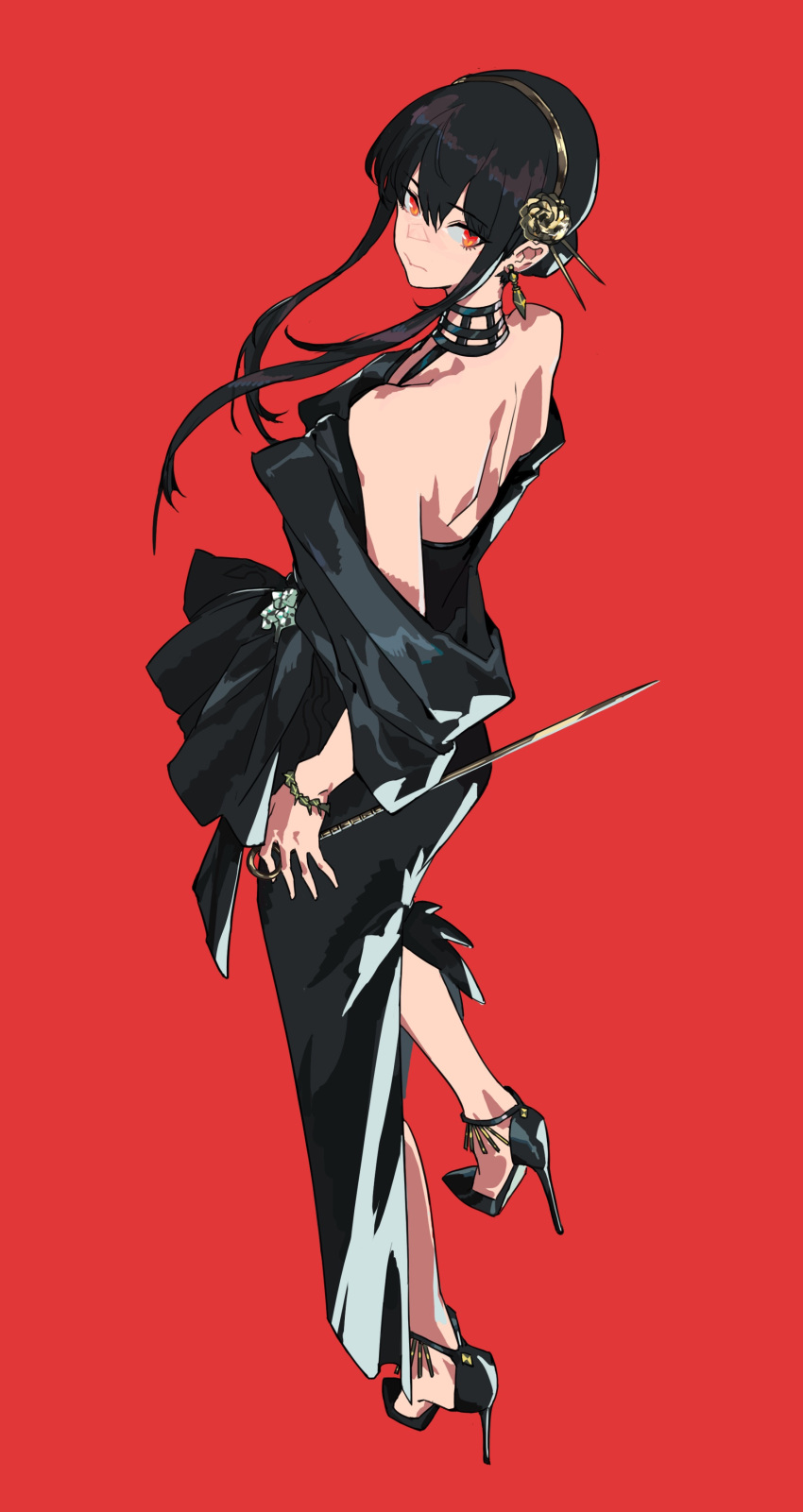 1girl absurdres bangs bare_shoulders black_dress black_footwear black_hair bracelet chinese_commentary commentary_request dahe_z dress earrings from_above full_body hairband high_heels highres holding holding_weapon jewelry looking_back red_background red_eyes short_hair_with_long_locks shoulder_blades simple_background solo spy_x_family standing stiletto_heels weapon yellow_hairband yor_briar