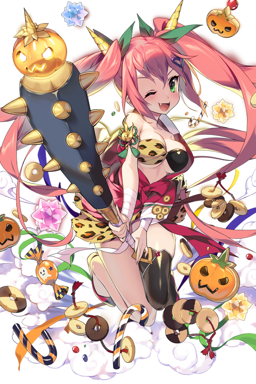 1000marie 1girl ;d animal_print black_legwear breasts candy candy_cane cleavage club cookie fang food highres holding holding_weapon leopard_print long_hair looking_at_viewer medium_breasts official_art one_eye_closed open_mouth pink_hair smile soccer_spirits solo spiked_club standing thigh-highs twintails very_long_hair victoria_(soccer_spirits) weapon wrapped_candy